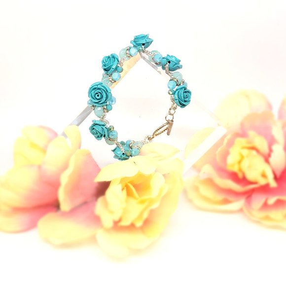 Turquoise Ice & Roses 3pc Jewelry Set,  Sterling Silver w/Glass & Crystal Beads - Picture 14 of 15